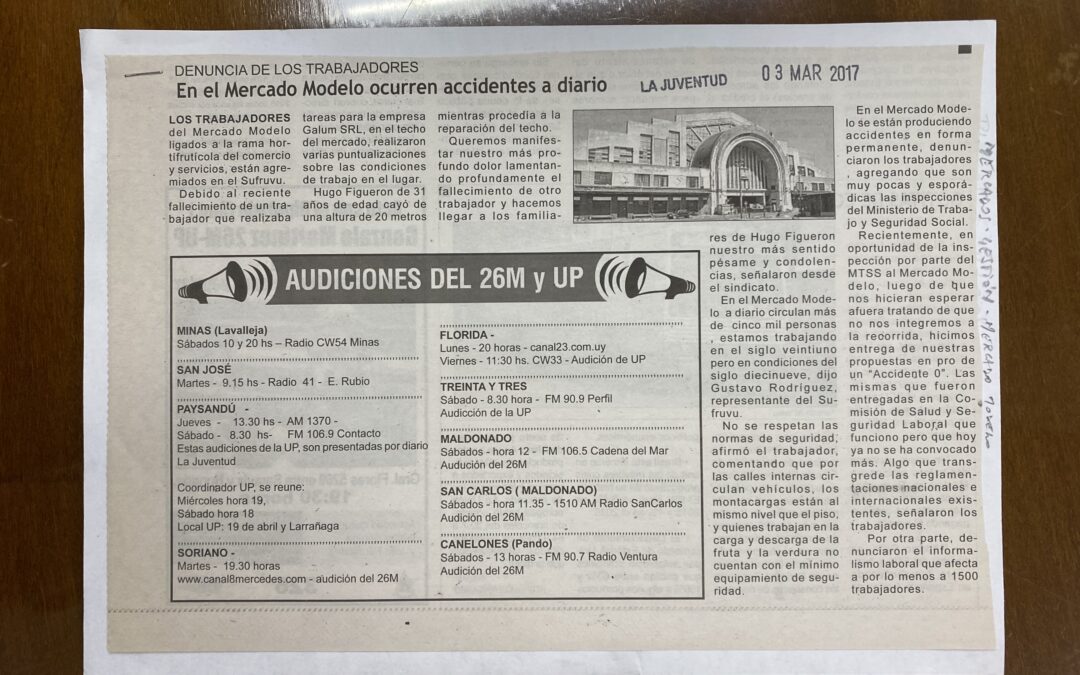 Diario La juventud, Montevideo .2017/03/03. «En el Mercado Modelo ocurren accidentes a diario»