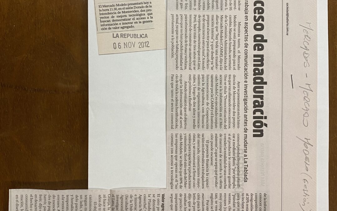 Diario La República, Montevideo. 2012/11/06. «Mercado»