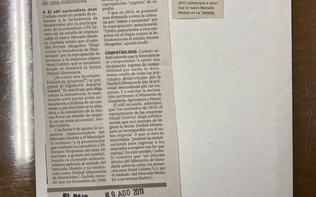 Diario El Pais, Montevideo. 2011/08/19. «Piden informes por Mercado Modelo»