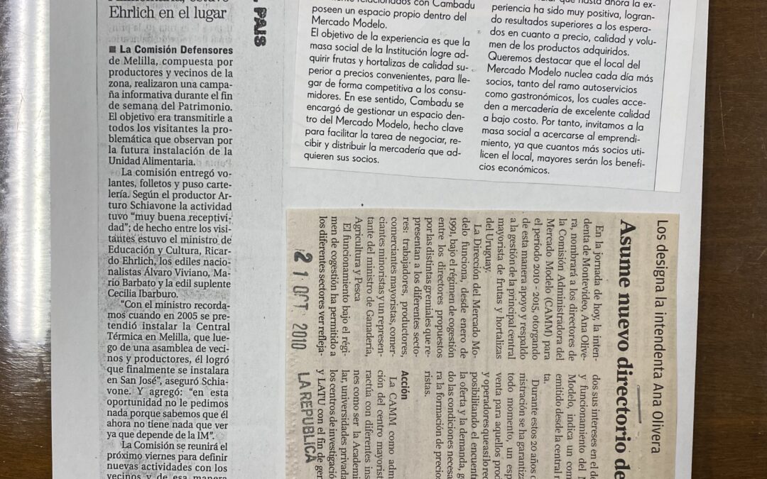 Diario El Pais, Montevideo. 2010/10/26. «Local en el Mercado Modelo gestionado por los socios»