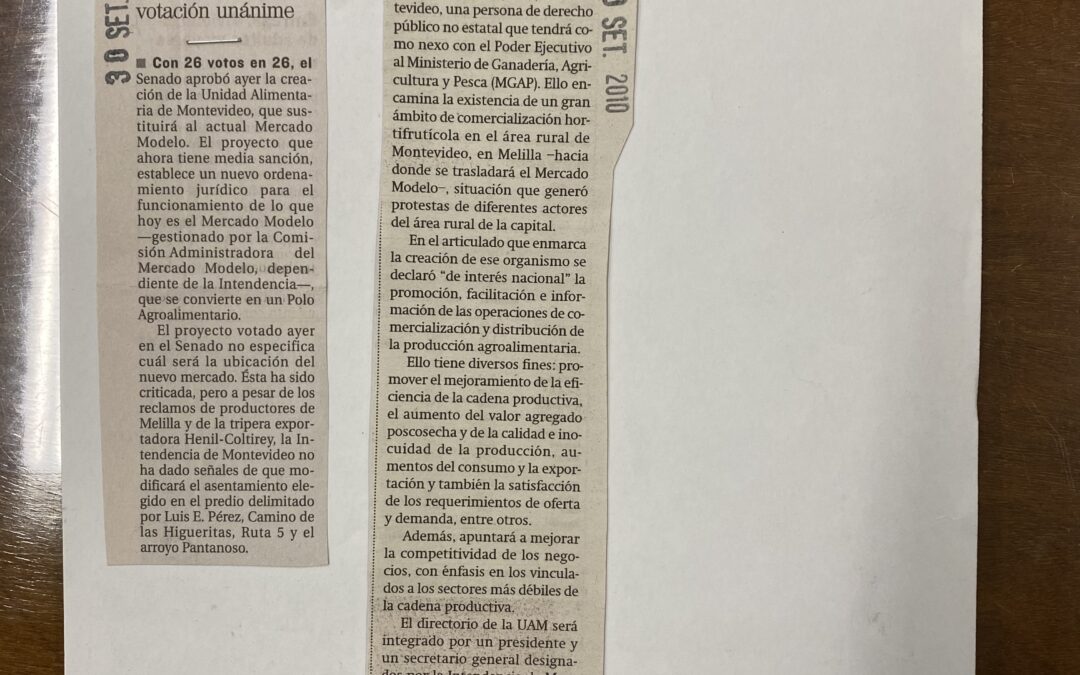 Diario El Observador, Montevideo. 2010/09/30. «Aprobaron la Unidad Alimentaria Montevideo»